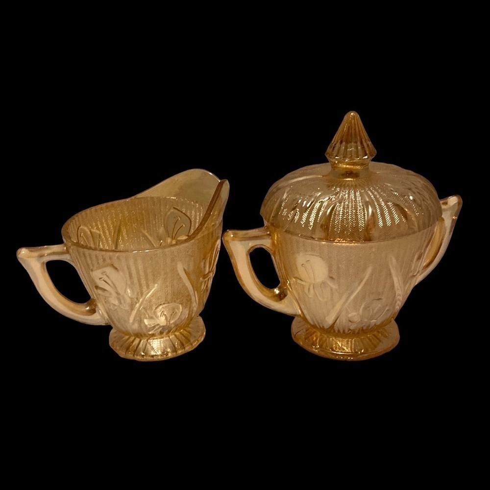 Vintage Peach Lustre Carnival Glass Iris & Herringbone Cream And Sugar Set